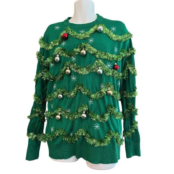 Tipsy Elves Mens XL Green Gaudy Garland Ugly Christmas Balls Tinsel Sweater - Picture 1 of 3
